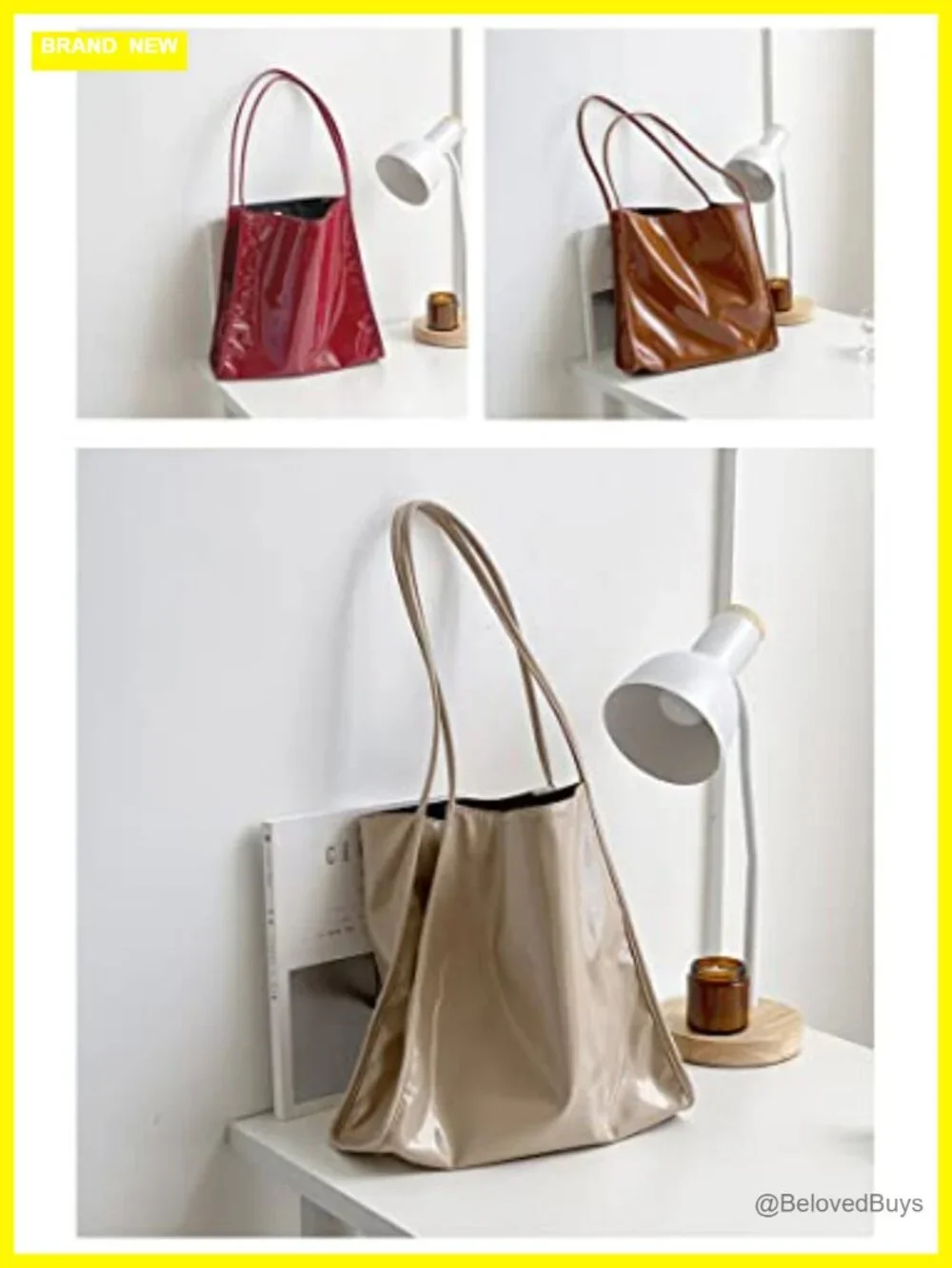 Patent Leather Vegan Soft Tote Bag Shiny Shoulder Bag Minimalist Purse